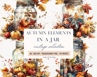 Autumn Elements in a Jar Clipart, watercolor clipart, watercolor autumn clipart, autumn png