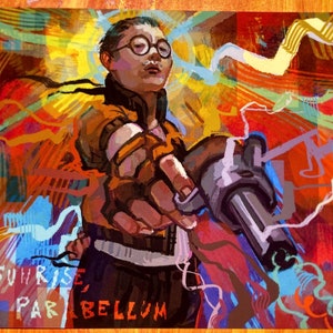 Puede incluir: Una pintura abstracta colorida de una persona con gafas sosteniendo un arma. El texto "Sunrise, Par Bellum" está en la parte inferior de la imagen.