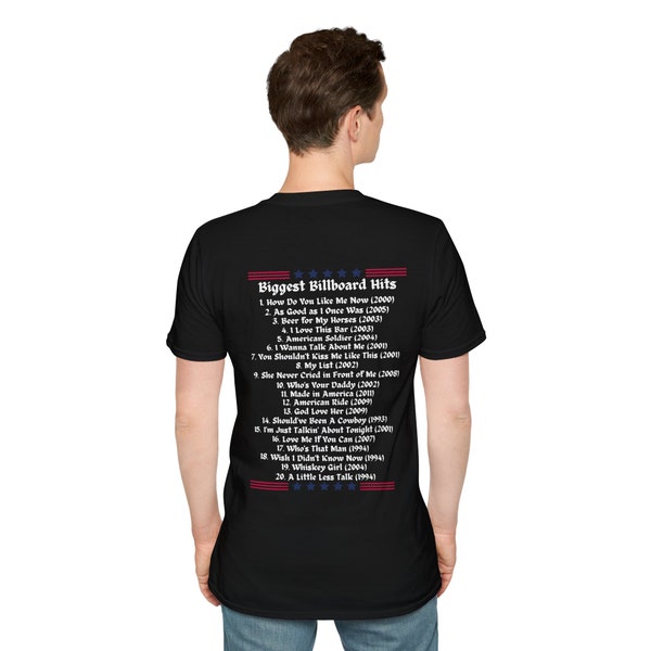 May include: Black t-shirt with a white graphic of the text "Biggest Billboard Hits" and a list of 20 songs with their release years. The graphic is framed with red, white, and blue stars.