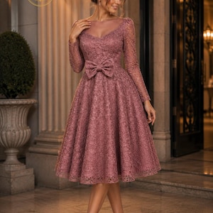 Dusty Rose Lace Midi Dress | Long Sleeve Wedding Guest Dress | Baby Shower Dress | Elegant Bow Dress | Vintage Party Dress