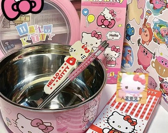 Sanrio Hello Kitty stainless steel Ramen bowl noodles with lid, cute large fruit salad rice soup bowl kitchen tableware