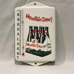 MOUNTAIN DEW Porcelain Enamel Sign Soda Thermometer  Beverage Advertising Therm