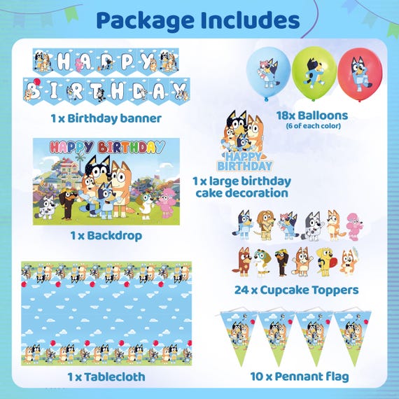 Bluey Birthday Decorations, Party Decorations, Party Supplies, Balloons, Banner, Backdrop, Tablecloth, Cake Decoration, Cupcake Toppers