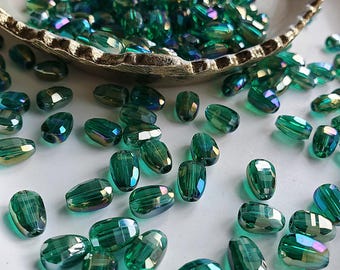 25 Pcs. Green AB Glass Oval Beads, 6x9mm, Transparent Green Beads, Oval Beads, Crystal Glass Beads, Loose Beads, Plant Making Beads
