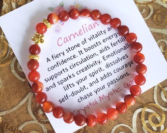 Carnelian Bracelet, Natural Carnelian Beaded Bracelet, Gold Flower Dainty Charm Bracelet, 6mm Carnelian Beads, Womens Bracelet