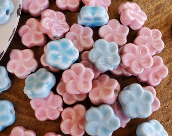 Ceramic Flower Beads, Ceramic Glazed Pink Blue Beads, Ceramic Beads, 15mm, Handmade beads, Flower Ceramic Beads, Porcelain Beads