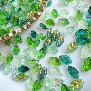 50 Pcs. Glass Leaves, Iridescent Leaf Beads, 11x6mm Mix Green Glass Leaf Beads, Green Transparent Glass Leaves, Jewelry Making Supplies