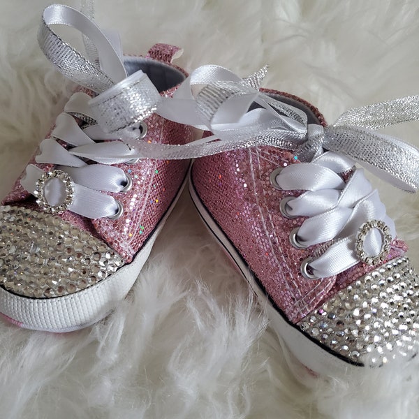 Infant Crib Shoes, Infant Rhinestone Pink Shoes, Bling Baby Shoes, Baby Shower Gift, 1st Birthday Shoes, Flower Girl Shoes, Baby Girl Gift