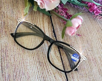 Bling Reading Glasses, Rhinestone Readers, Womens Reading Glasses, Black Anti-Blue Light Readers, Fancy Readers, Elegant Reading Glasses