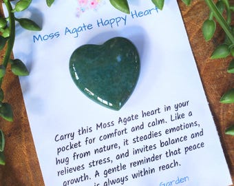 Moss Agate Crystal Heart, Heart Pocket Crystal, Moss Agate Pocket Crystal, Stocking Stuffer, Description card and gift pouch