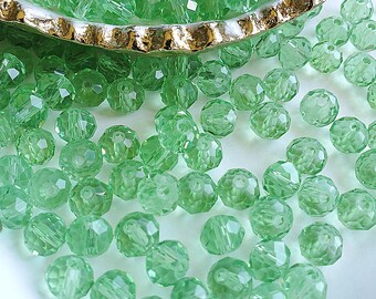 50 Beads, 8mm, Glass Green Clear Faceted Rondelle Beads, High Quality, High Quality, Clear Faceted Green Beads, 1.5mm Hole, Plant Beads