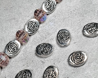 50 Pcs. Silver Flower Rose Spacers, 10mm Flower DIY Rose Spacer, Alloy Metal Flower Spacers, Rose Beads, Jewelry DIY Beads