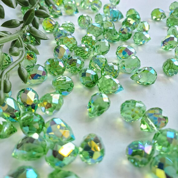 45 Pcs. Lt. Green AB Glass Teardrop Beads, 8x10mm, Transparent Beads, Teardrop Beads, Crystal Glass Beads, Loose Beads, Plant Making Beads
