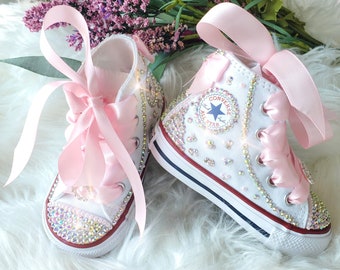 Big Girls Converse, Bling High Top Converse, Pink pearl and Rhinestone Converse, Girl Bling Converse, Birthday Shoes, Pink Pearl High Tops