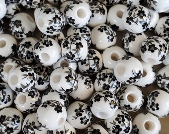 25 Porcelain Flower Beads, 8mm, Dainty Flower Beads, Black Flower Beads, DIY Beads, Flower Spacers, Handmade beads, Boho Beads