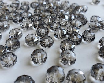 40 Pcs. Gray Glass Rondelle Beads, 8mm, Clear Bling Gray Glass Beads, Glass Wheel Beads, Crystal Glass Beads, Loose Beads, DIY Jewelry