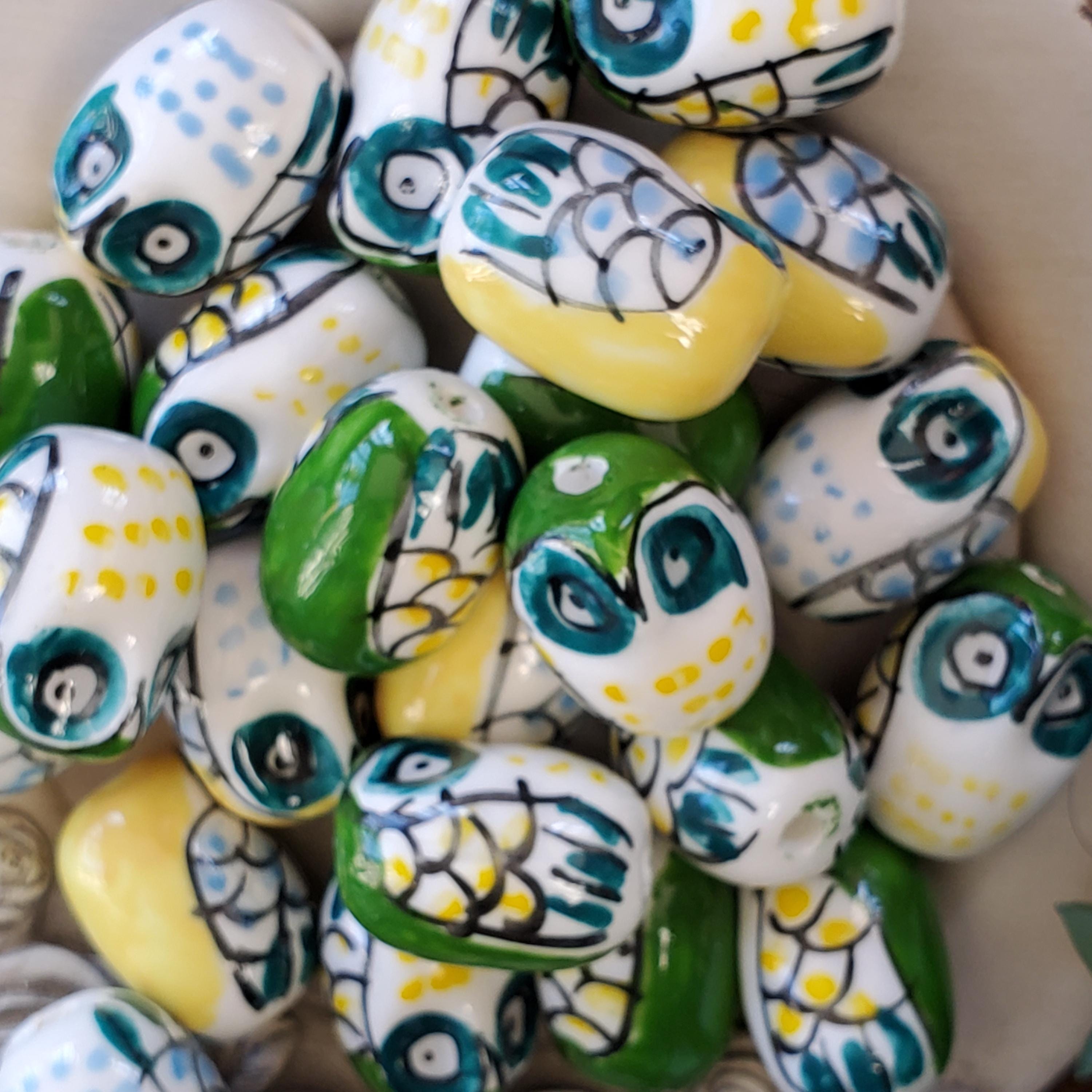 Ceramic Owl Beads, Handmade Owl Beads, Hand painted Beads, Owl Beads, 21mm x 16mm beads, 3mm hole, U