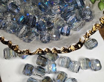 Navy Glass Barrel Beads, 40 Beads, 8mm, Navy Blue AB, Clear Glass Navy Bead, Barrel Beads, Crystal Glass Beads, Loose Beads, DIY Jewelry