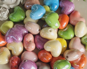 15 Ceramic Heart Beads, 10mm, Glazed Heart Ceramic Beads, Multi Color Beads, Ceramic Spacers, Handmade beads, Beaded Bracelet, Heart Beads