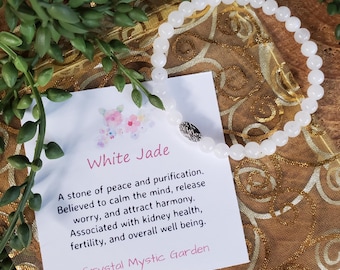 White Jade Beaded Bracelet, Natural 6mm White Jade Crystal, Flower Charm