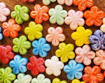 15 Pcs. Ceramic Flower Beads, 17mm, Ceramic Glazed Multicolor Beads, Ceramic Beads, Handmade beads, Colorful Ceramic Beads, Porcelain Beads