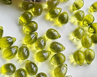 40 Pcs. Green Glass Teardrop Beads, 9x12mm, Transparent Olive Green Beads, Teardrops Beads, Crystal Glass Beads, Plant Making Beads