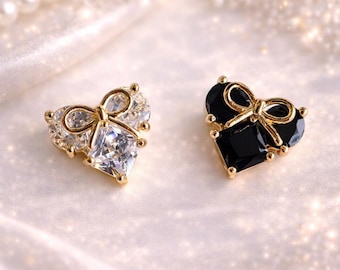 Zirconia Spacer Heart Focal Charm, Set of 2 Pcs. 18K Plated, Clear or Black Zirconia Spacer Charm, Bracelet Charm, Connector Charm, 11mm