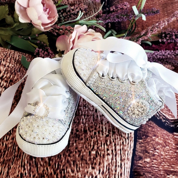 Infant Crib Shoes, Infant Rhinestone Silver Shoes, Bling Baby Shoes, Baby Shower Gift, 1st Birthday Shoes, Flower Girl Shoes, Baby Girl Gift