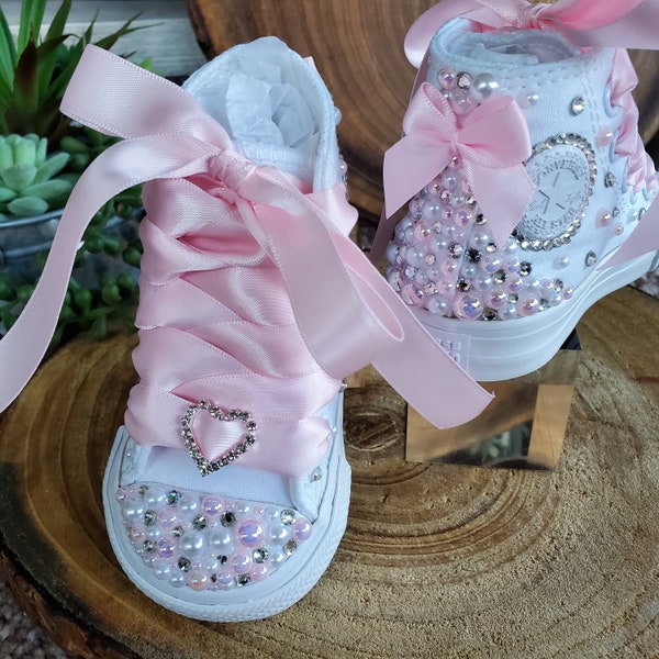 Pearl Baby Converse, Rhinestone Toddler High Tops, Flower Girl Sneakers, Pink Pearl Chuck Taylors, Infant Wedding Shoes, Babies 1st Converse