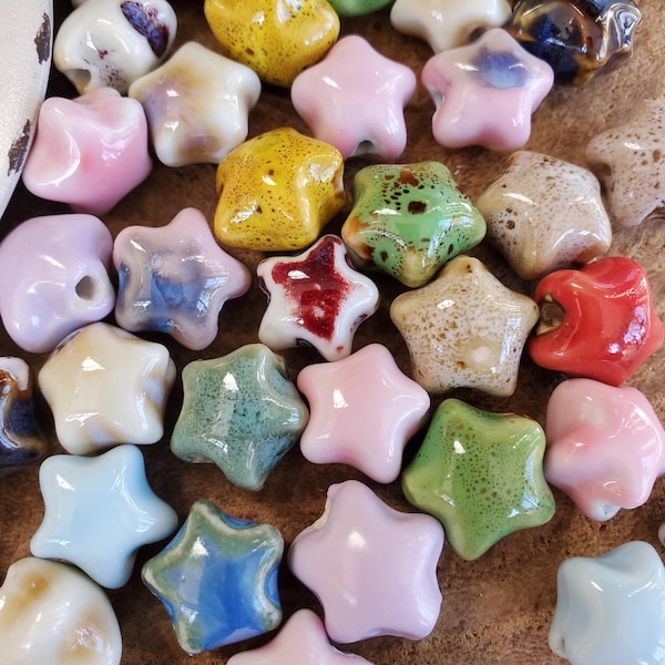 Ceramic Star Bead, Glazed Ceramic Star Beads, Multi Color Beads, Star Spacers, 14mm, Handmade beads, Beaded Bracelet, Boho Beads