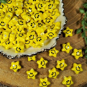 Ceramic Star Happy Face Bead, Ceramic Star Beads, Yellow Happy Face Bead, Ceramic Spacers, 14mm, 3mm Hole Handmade beads