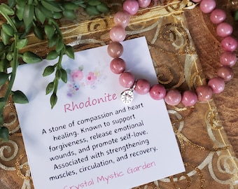 Pink Rhodonite Bracelet, 8mm Natural Rhodonite Crystal, Beaded Bracelet, Rhodonite