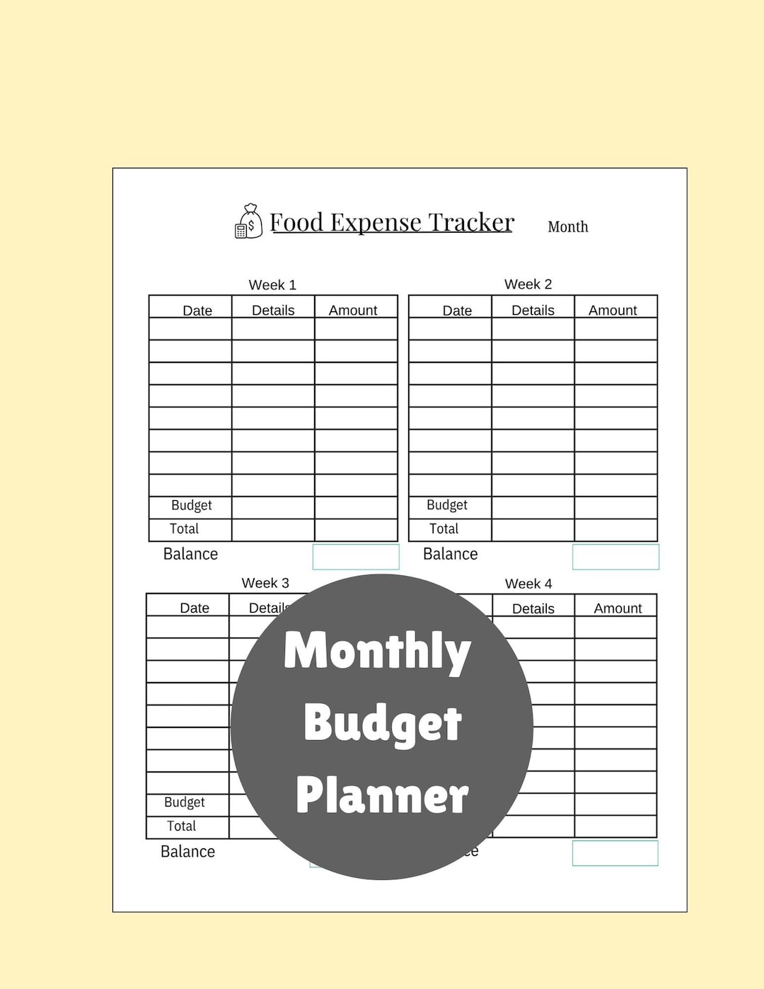 Food Budget Planner, Weekly Expense Tracker (digital Download) - Etsy