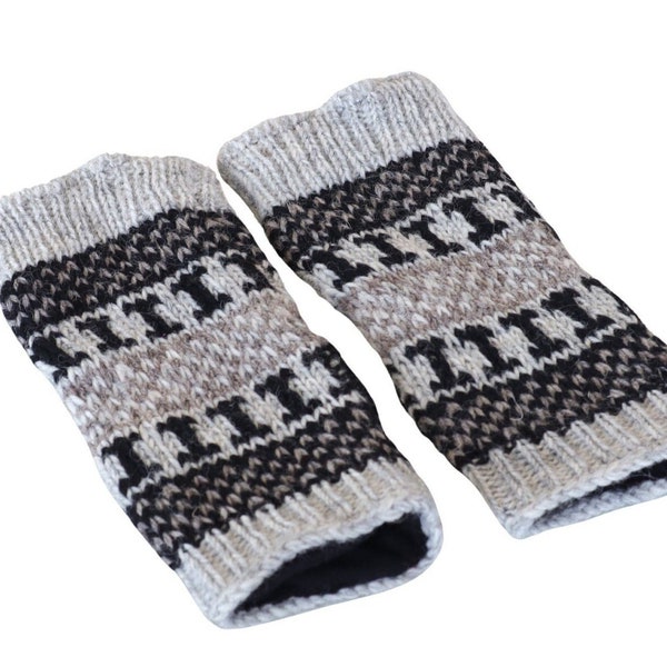 Long Sleeve 100% Yak Wool Fingerless Gloves, Fair Isle Pattern Hand Knitted Texting Fingerless Hand Warmers |  Long Fleece Lined Gloves