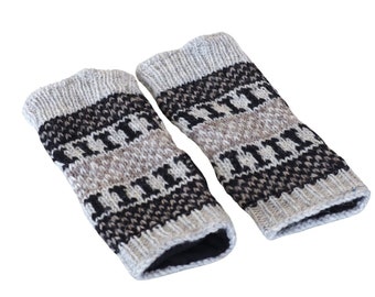 Long Sleeve 100% Yak Wool Fingerless Gloves, Fair Isle Pattern Hand Knitted Texting Fingerless Hand Warmers |  Long Fleece Lined Gloves