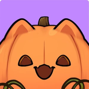 May include: A cartoon pumpkin with a friendly face and green stems. The pumpkin is orange and has a light purple background.