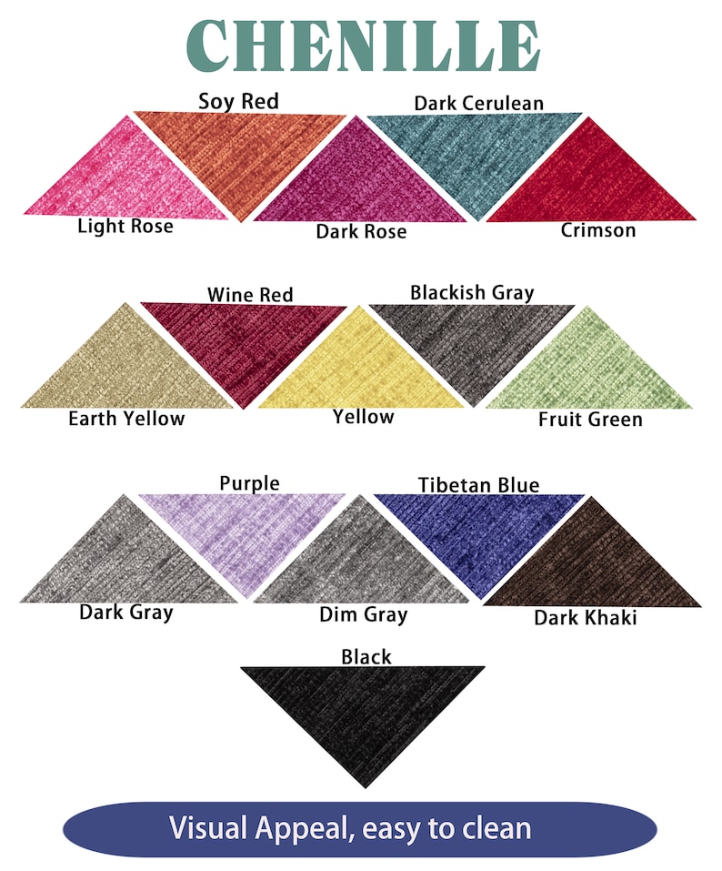 Pu&ograve; includere: Una cartella colori di campioni di tessuto in ciniglia in vari colori, tra cui rosa chiaro, giallo terra, rosso vino, viola, rosa scuro, giallo, grigio scuro, blu tibetano, cremisi, verde frutta, grigio scuro, grigio chiaro, nero e kaki scuro. Il testo "CHENILLE" &egrave; in cima alla cartella, e il testo "Visual Appeal, easy to clean" &egrave; in fondo.
