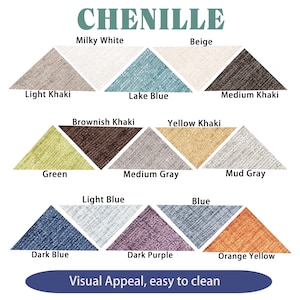 Pu&ograve; includere: Una cartella colori che mostra 12 diversi colori di tessuto ciniglia. I colori sono: Kaki chiaro, Bianco latte, Beige, Blu lago, Kaki giallo, Kaki marrone, Grigio medio, Verde, Blu chiaro, Blu scuro, Viola scuro, Kaki medio, Grigio fango, Blu e Giallo arancio. Il testo "CHENILLE" &egrave; in cima alla cartella. Il testo "Visual Appeal, easy to clean" &egrave; in fondo alla cartella.
