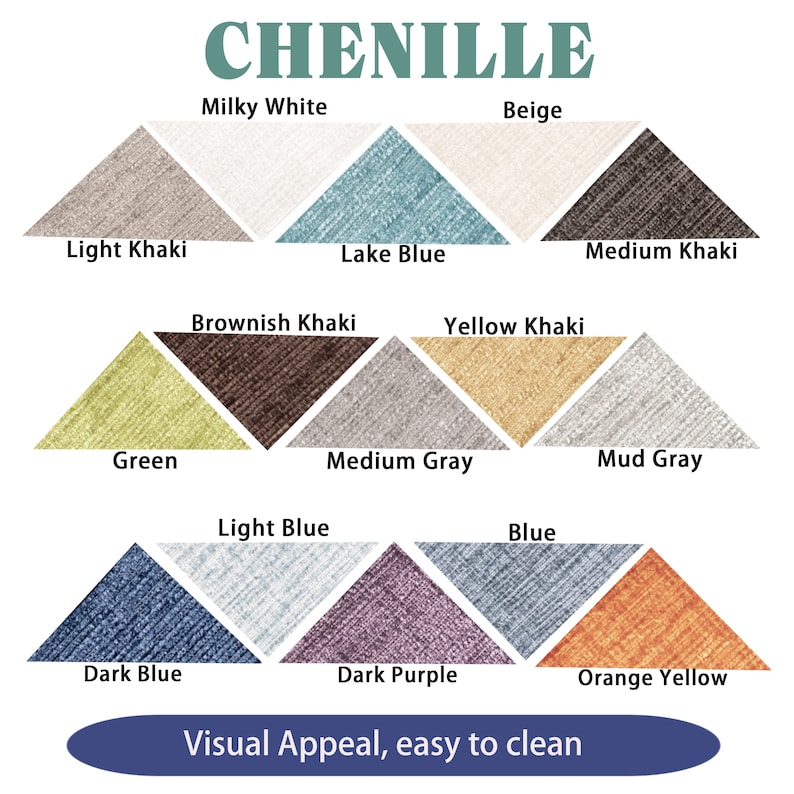 Pu&ograve; includere: Una cartella colori che mostra 12 diversi colori di tessuto ciniglia. I colori sono: Kaki chiaro, Bianco latte, Beige, Blu lago, Kaki giallo, Kaki marrone, Grigio medio, Verde, Blu chiaro, Blu scuro, Viola scuro, Kaki medio, Grigio fango, Blu e Giallo arancio. Il testo "CHENILLE" &egrave; in cima alla cartella. Il testo "Visual Appeal, easy to clean" &egrave; in fondo alla cartella.