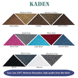 May include: A colour chart displaying 12 fabric swatches in a triangular shape. The swatches are labelled with names such as "Medium Khaki", "Dark Grey", "Rose Pink", "Lake Blue", "Wine Red", "Denim Blue", "Warm Grey", "Blackish Grey", "Black", "Bleach", "Red Coffee", "Coffee", "Medium Coffee", and "Dark Coffee". The text "Easy Care, SOFT, Moisture Absorption, high-quality linen-like fabric" is at the bottom of the chart.