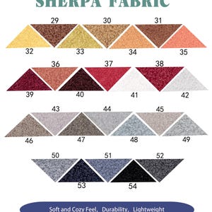 May include: Sherpa fabric color chart with 16 different shades of brown, red, gray, and blue. The chart is labeled with numbers 29 through 54.