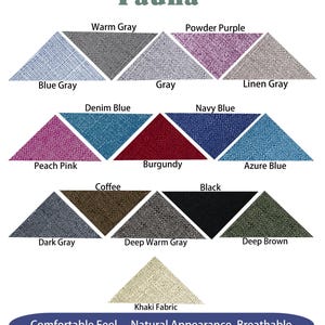 May include: A chart of 14 fabric swatches in triangle shapes, showing different colors and textures. The colors include blue gray, warm gray, powder purple, gray, denim blue, navy blue, linen gray, peach pink, burgundy, azure blue, coffee, black, dark gray, deep warm gray, and deep brown. The bottom swatch is a light beige color labeled "Khaki Fabric". The text "Fauna" is at the top of the chart. The text "Comfortable Feel, Natural Appearance, Breathable" is at the bottom of the chart.