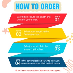 Pu&ograve; includere: Un'infografica colorata con quattro passaggi su come ordinare una panca personalizzata. I passaggi sono: 1. Misura la lunghezza e la larghezza della tua panca. 2. Seleziona la tua lunghezza nella prima casella di opzione. 3. Seleziona la tua larghezza nella seconda casella di opzione. 4. Nella casella di personalizzazione, scrivi le tue misure esatte, il tessuto e il nome del colore.