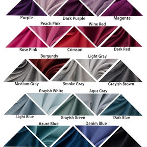 May include: A chart of 21 different colors of velvet fabric, arranged in a triangular pattern. The colors include light purple, violet, purple, peach pink, dark purple, wine red, magenta, rose pink, burgundy, crimson, light gray, dark red, medium gray, smoke gray, grayish white, aqua gray, grayish brown, light blue, azure blue, grayish green, denim blue, dark blue, peacock blue, navy blue, and black. The text "VELVET" is at the top of the chart, and the text "Warm, easy to clean" is at the bottom.