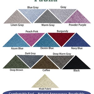May include: A chart displaying 13 fabric swatches in triangular shapes. The swatches are labelled with names such as "Linen Gray", "Azure Blue", "Deep Brown", and "Khaki Fabric". The text "Fauna" is at the top of the chart, and the text "Comfortable Feel, Natural Appearance, Breathable" is at the bottom.