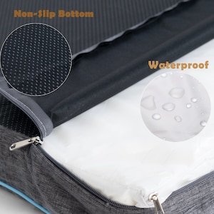 Pu&ograve; includere: Un letto per cani grigio e blu con un'apertura con cerniera. Il letto ha una fodera impermeabile e un fondo antiscivolo. Il testo "Waterproof" e "Non-Slip Bottom" &egrave; visibile nell'immagine.
