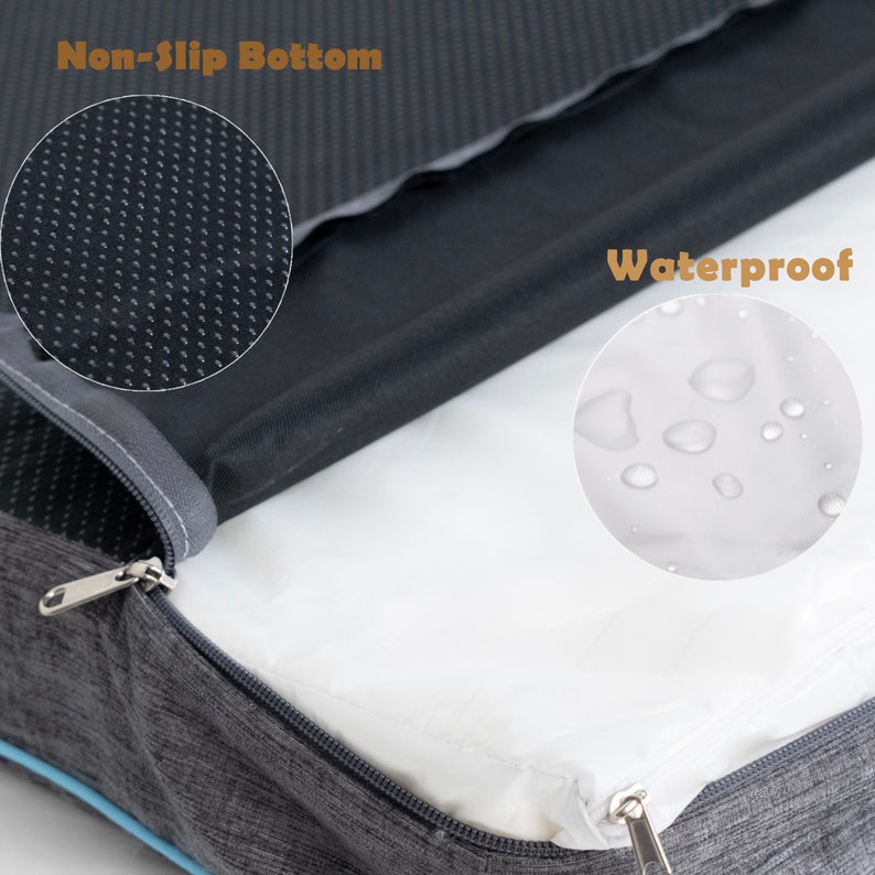 Pu&ograve; includere: Un letto per cani grigio e blu con un'apertura con cerniera. Il letto ha una fodera impermeabile e un fondo antiscivolo. Il testo "Waterproof" e "Non-Slip Bottom" &egrave; visibile nell'immagine.