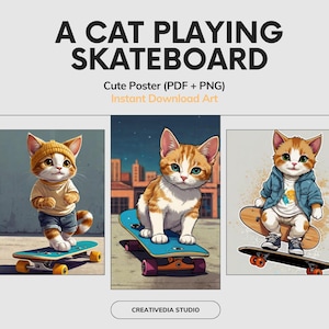 Set of 6 Skater Cat Wall Art Prints, Cute Kitten Nursery Decor, Printable Kids Room Poster Bundle, Playroom Art, Instant Digital Download