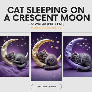 Set von 8 Katzen Poster | Schlafendes Kätzchen auf Mond Wandbild, wunderlicher Sternenhimmel, lila Kinderzimmer Dekor, verträumte Katze Poster