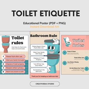 Set of 6 Toilet Etiquette Sign Posters – Bathroom Rules Wall Art Set - A2 Size Bathroom Hygiene Wall Art (Digital PNG & PDF Download)